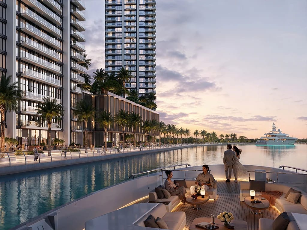 Creek Bay: waterside seating beside the residential towers (developer rendering)