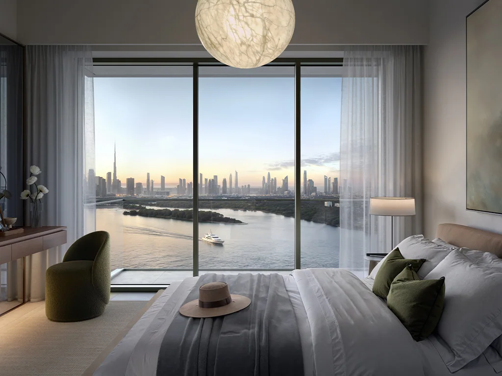 Creek Bay: bedroom facing the waterfront skyline (developer rendering)