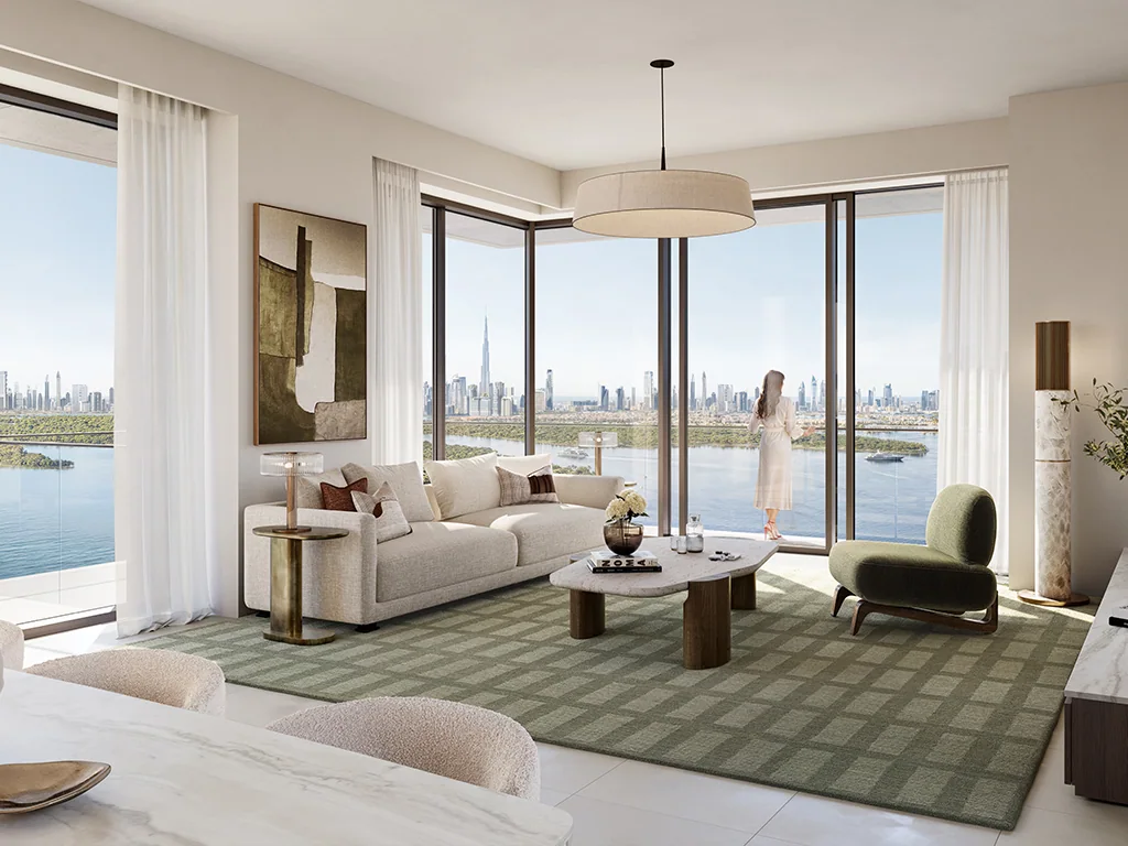 Creek Bay: living room with a corner balcony (developer rendering)