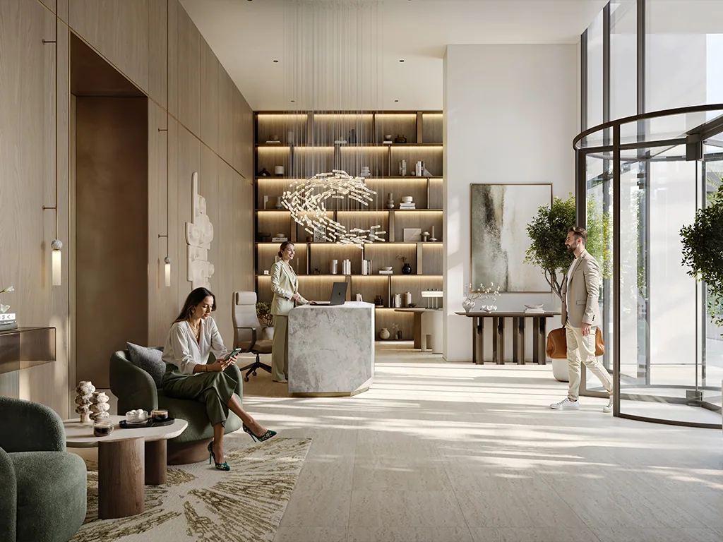 Creek Bay: lobby lounge with built-in shelving (developer rendering)