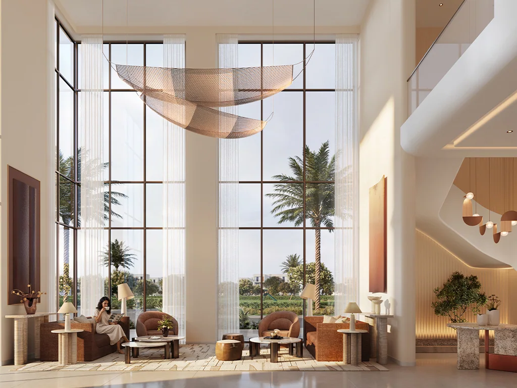 Golf Trails: double-height lobby with full-height glazing (developer rendering)