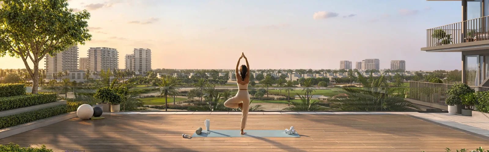 Golf Trails: outdoor yoga terrace overlooking landscaped grounds (developer rendering)