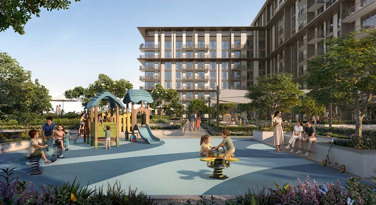 Golf Trails: children's play area beside a residential building (developer rendering)