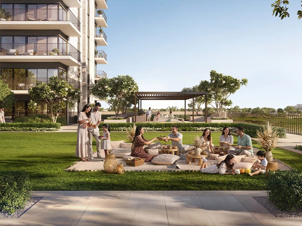Golf Vale: communal garden lawn and seating area (developer rendering)