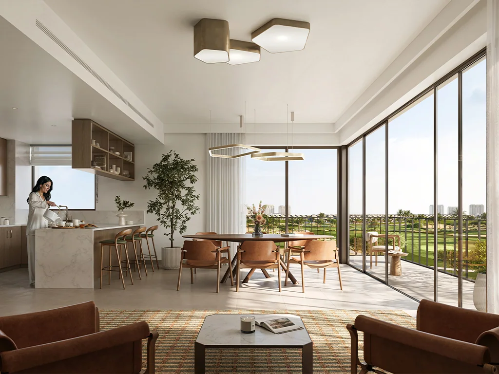 Golf Vale: open-plan living, dining and kitchen area (developer rendering)