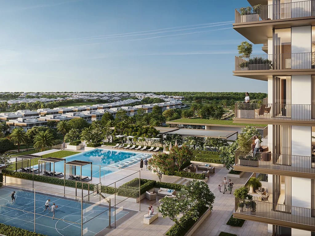 Greencrest: balconies overlooking a pool deck and sports court (developer rendering)