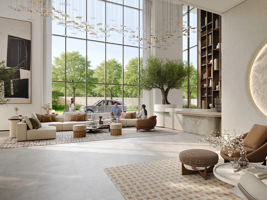 Greencrest: double-height lobby with a planted feature area (developer rendering)