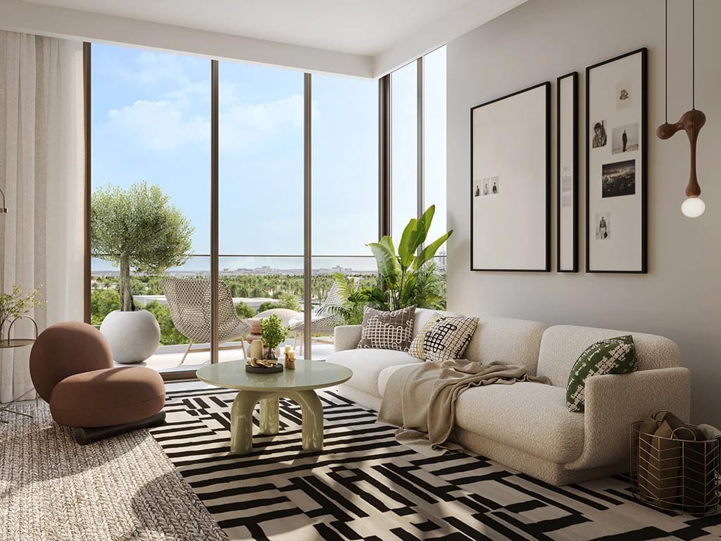 Hillsedge: living room opening onto a balcony (developer rendering)