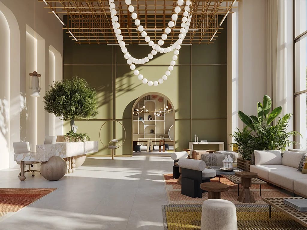 Hillsedge: lobby with arched detailing and hanging lights (developer rendering)