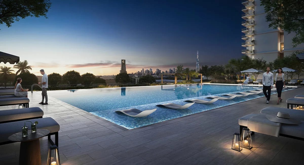Hillsedge: pool deck and loungers at dusk (developer rendering)