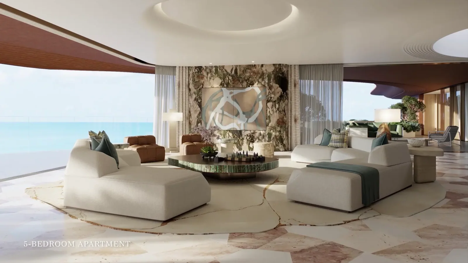 Jumeirah Asora Bay developer rendering: five-bedroom apartment living room with sea-facing glazing