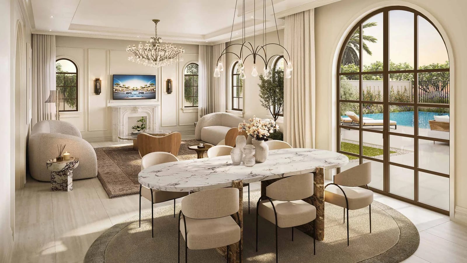 Malaga at Bloom Living: premium villa living and dining room, second view, indicative developer rendering