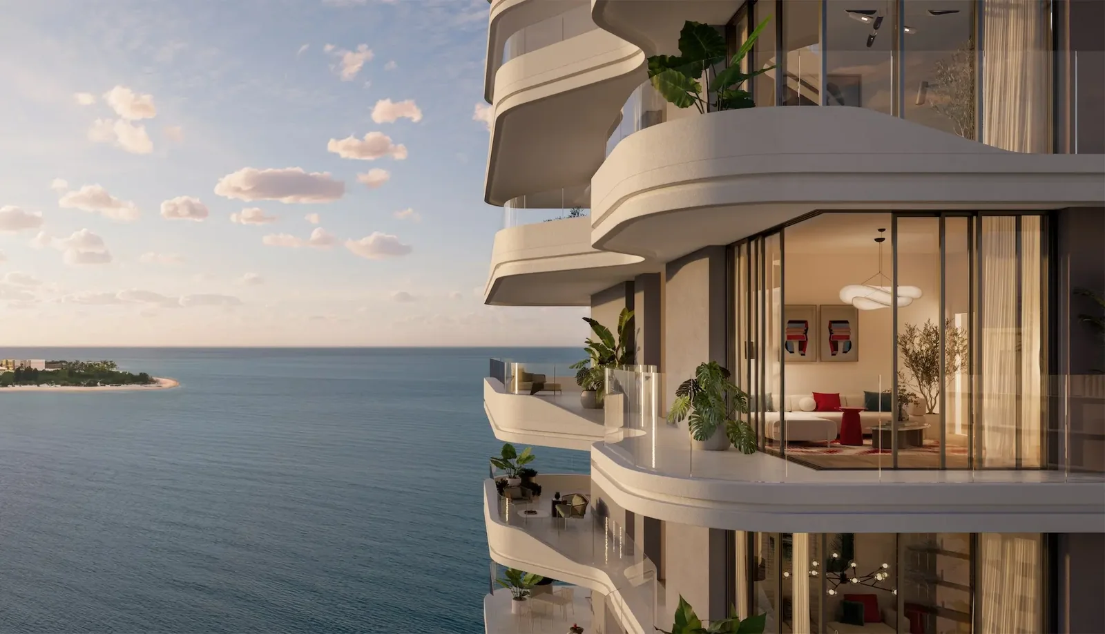 Rosso Bay Residences: curved balconies at sunset, developer rendering