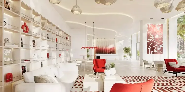 Rosso Bay Residences: library shelves and lounge seating, developer rendering