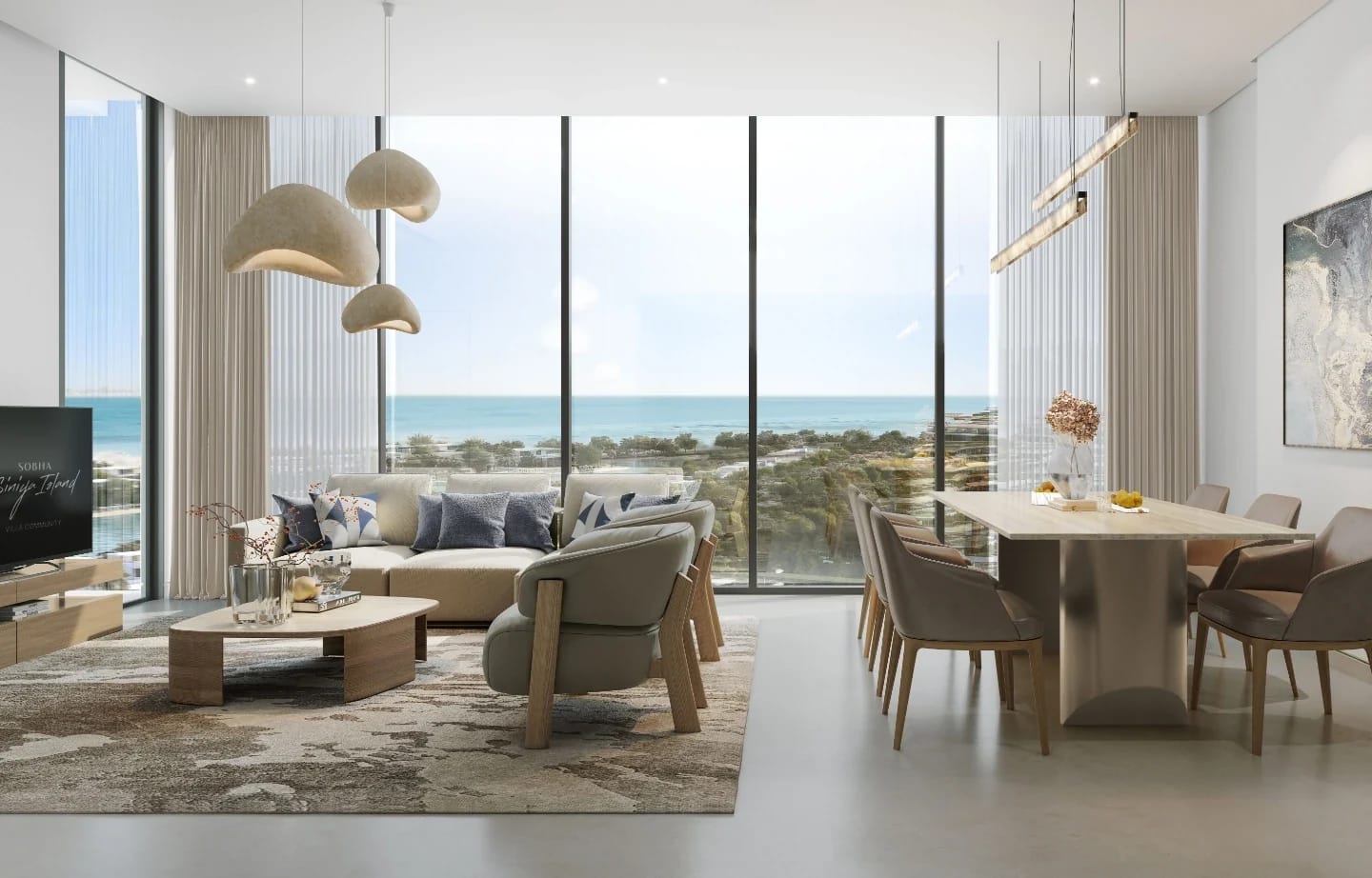 Delphine Beach Residences: Illustrative living and dining room (Developer rendering)