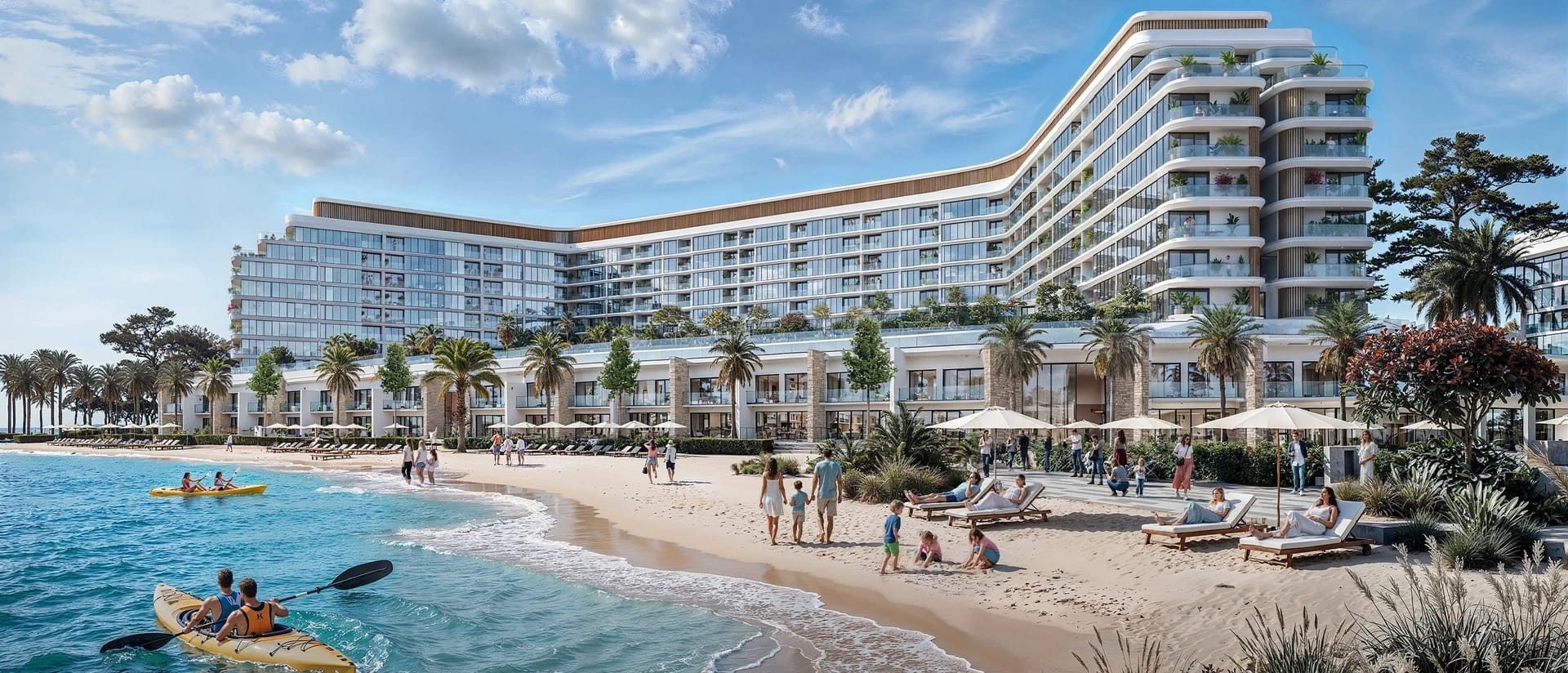 Tranquil Beach Residences: Beachfront buildings and shoreline (Developer rendering)