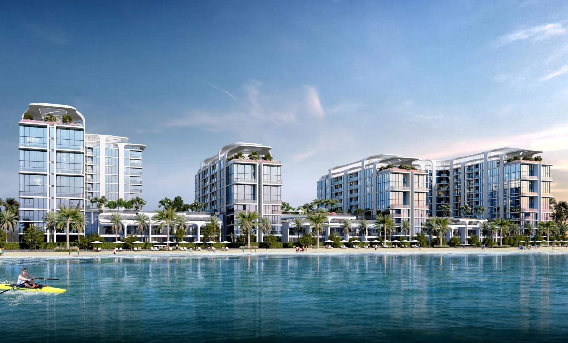 Tranquil Beach Residences: Daytime view across the lagoon (Developer rendering)