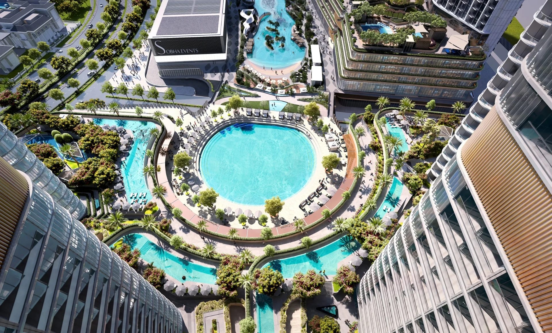 Skyvue Solair: Aerial view of shared pools (Developer rendering)