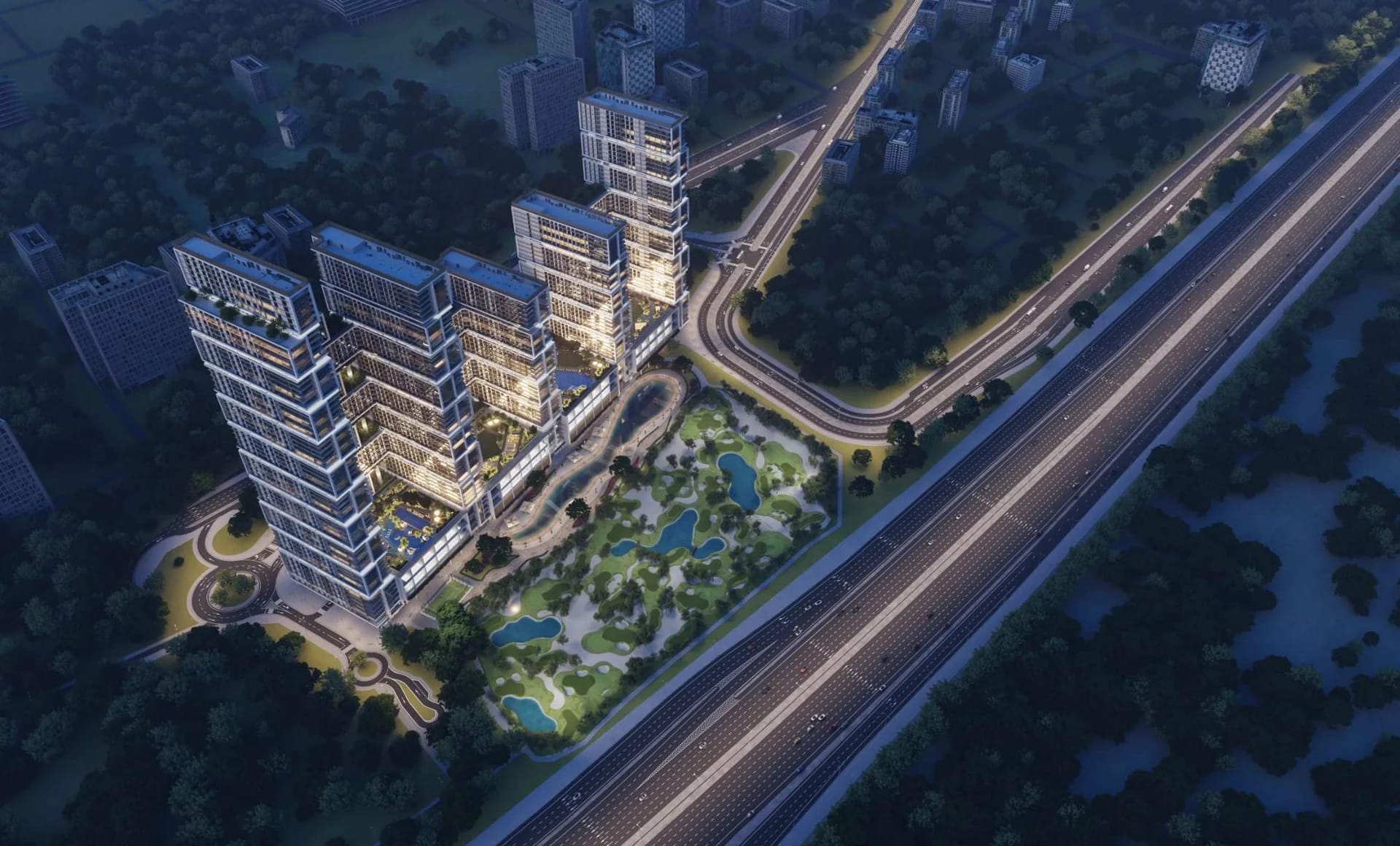 Sobha One: Aerial view of the development at night (Developer rendering)