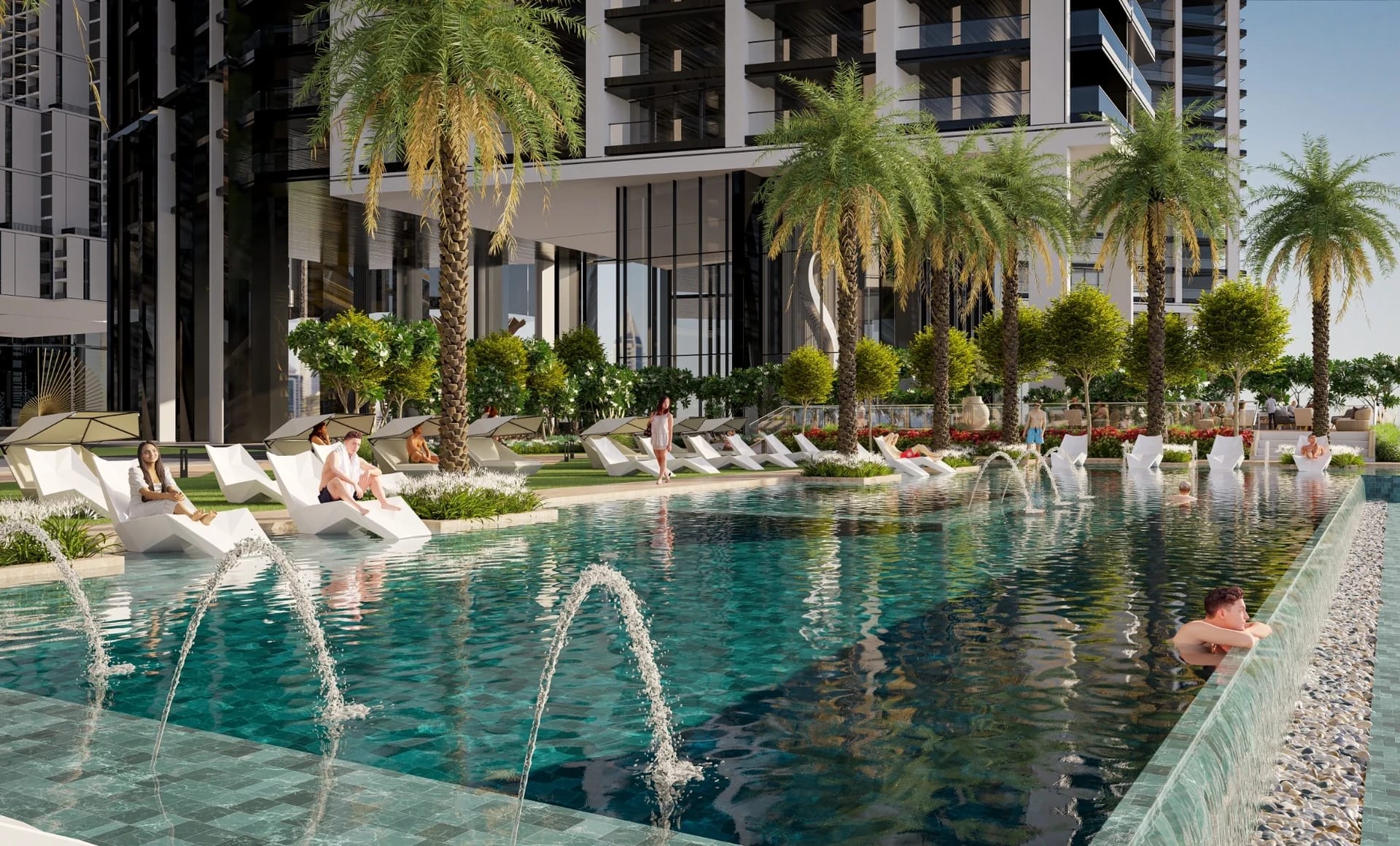 The Horizon at Sobha Central: Swimming pool and surrounding terraces (Developer rendering)