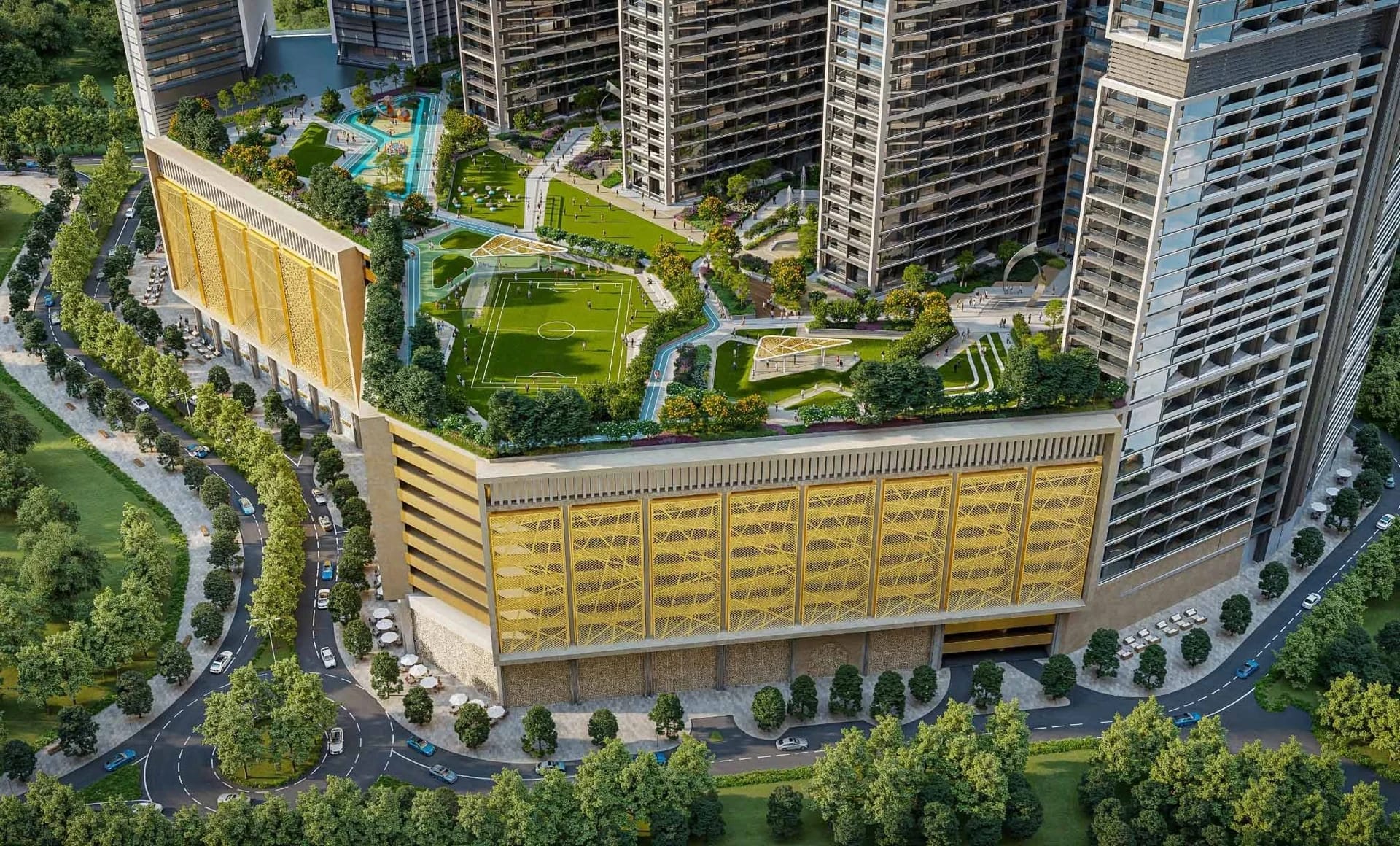 The Pinnacle at Sobha Central: Shared landscaped podium from above (Developer rendering)