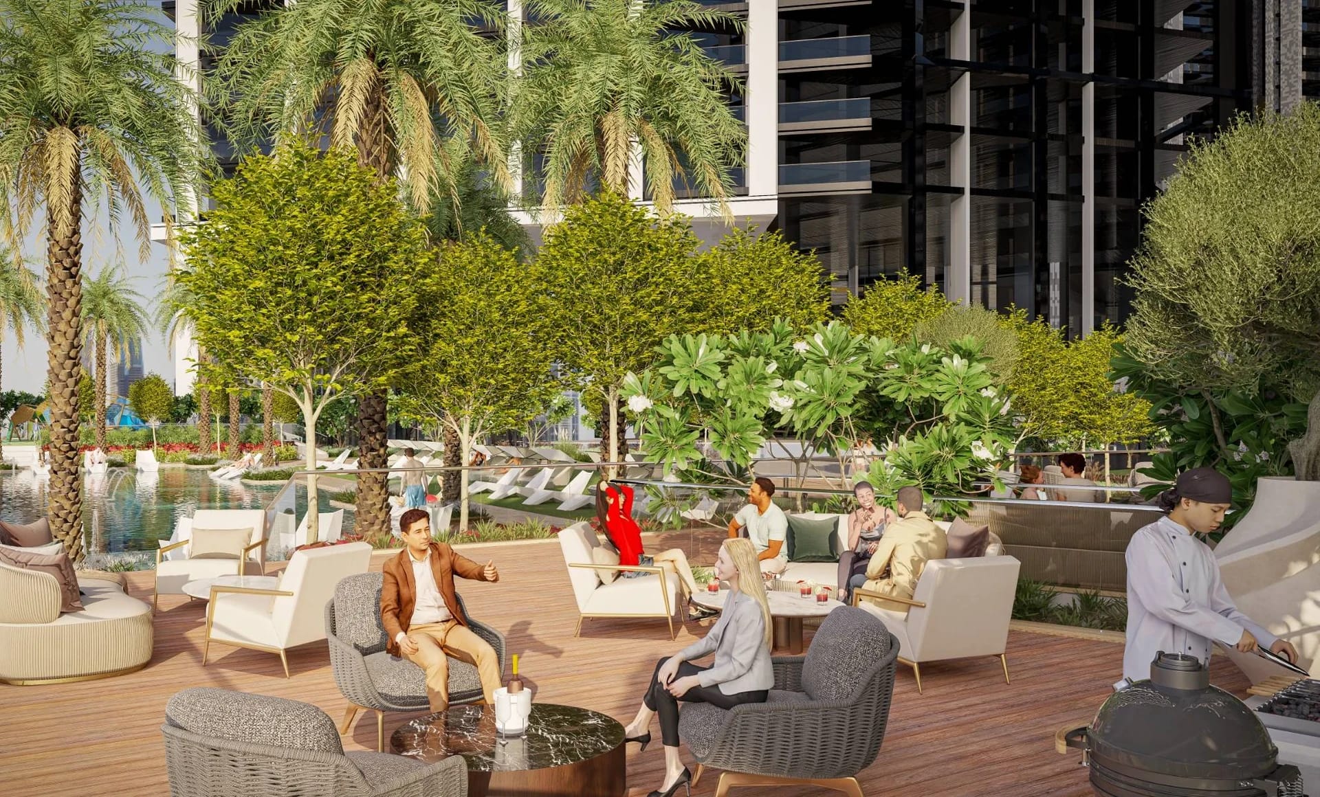 The Pinnacle at Sobha Central: Shared outdoor seating (Developer rendering)