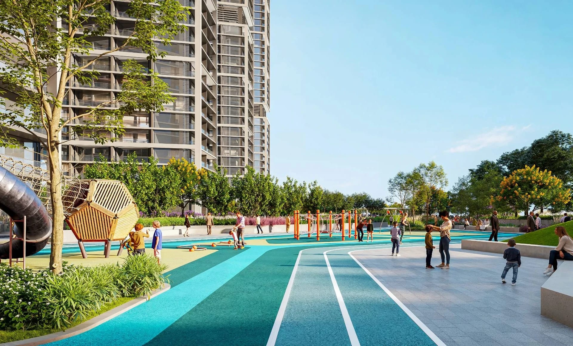 The Pinnacle at Sobha Central: Outdoor recreation court (Developer rendering)