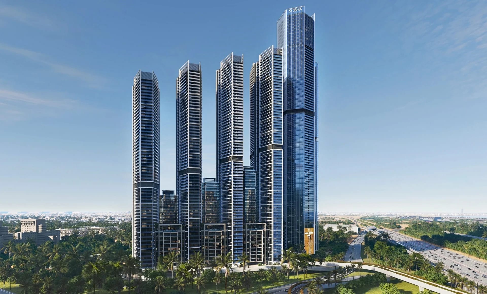 The Pinnacle at Sobha Central: Residential towers and shared surroundings (Developer rendering)