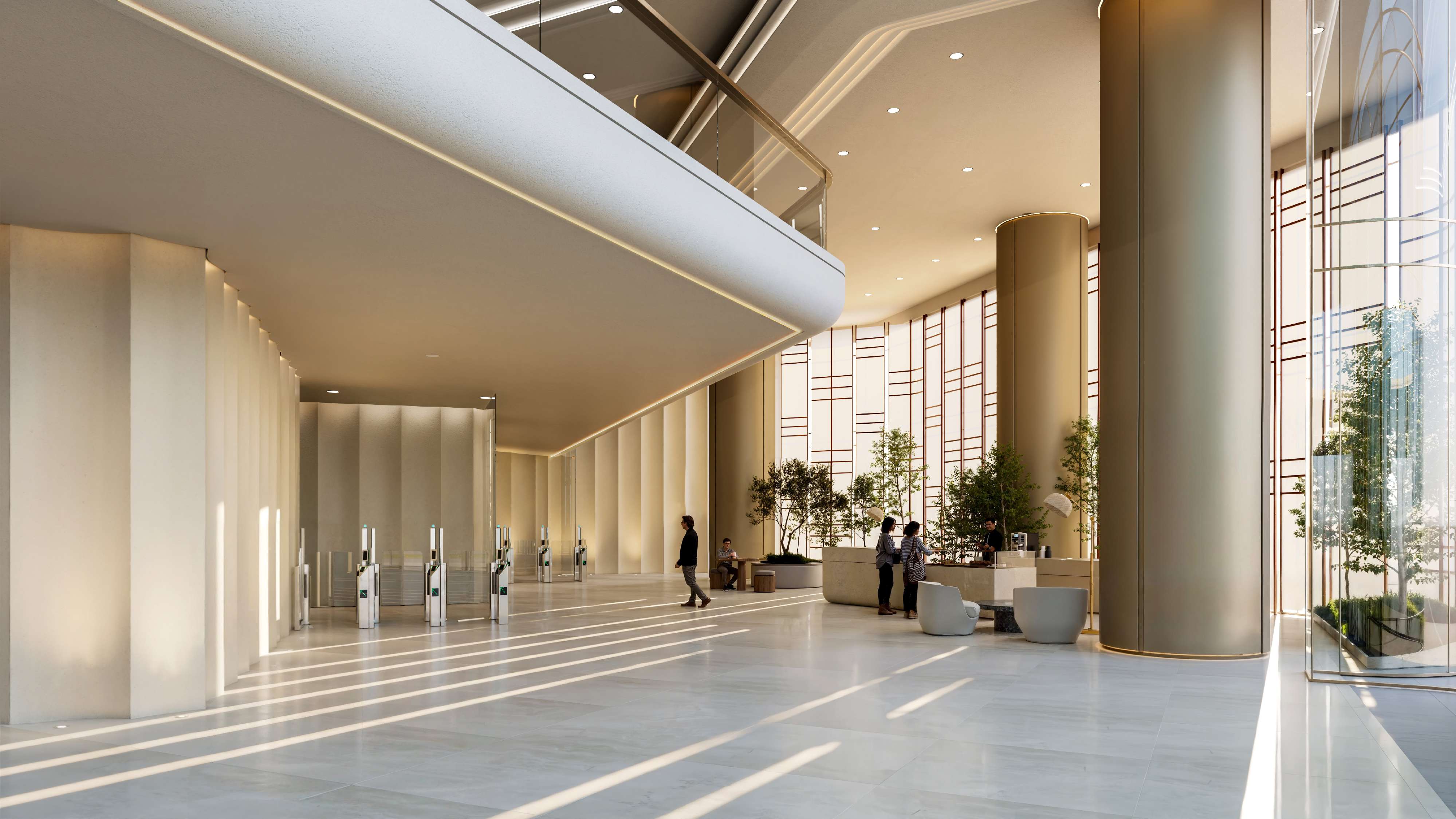 Lumena Alta double-height lobby with planted interior; developer-branded rendering