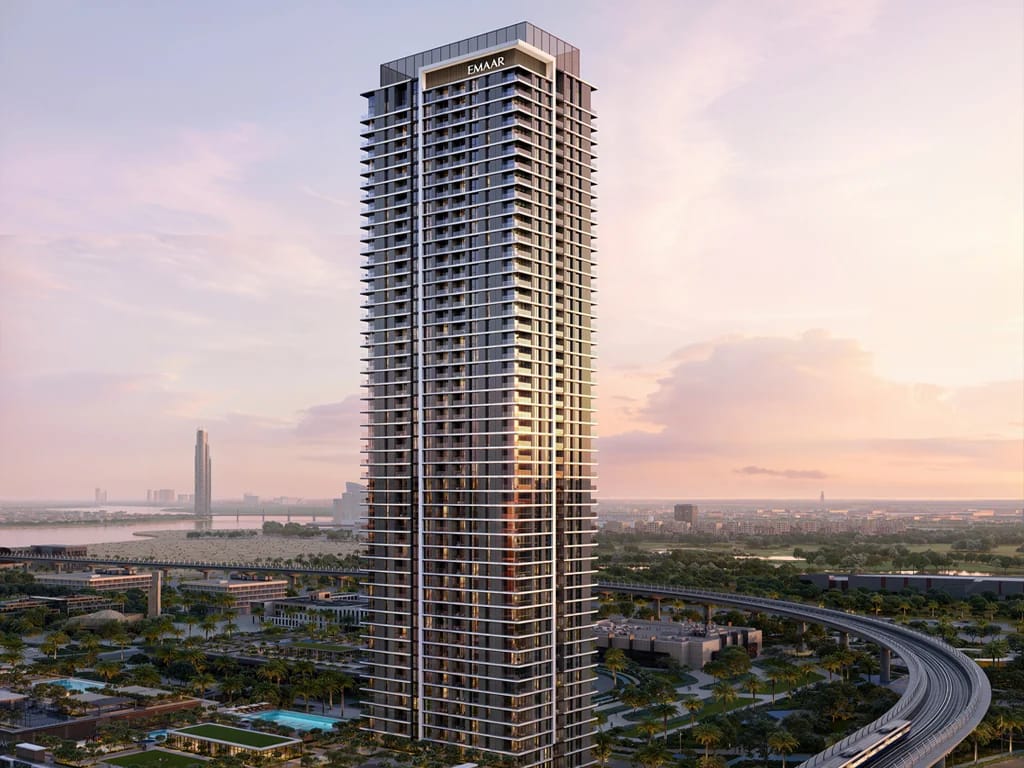 Montiva by Vida: residential tower at sunset — architectural rendering