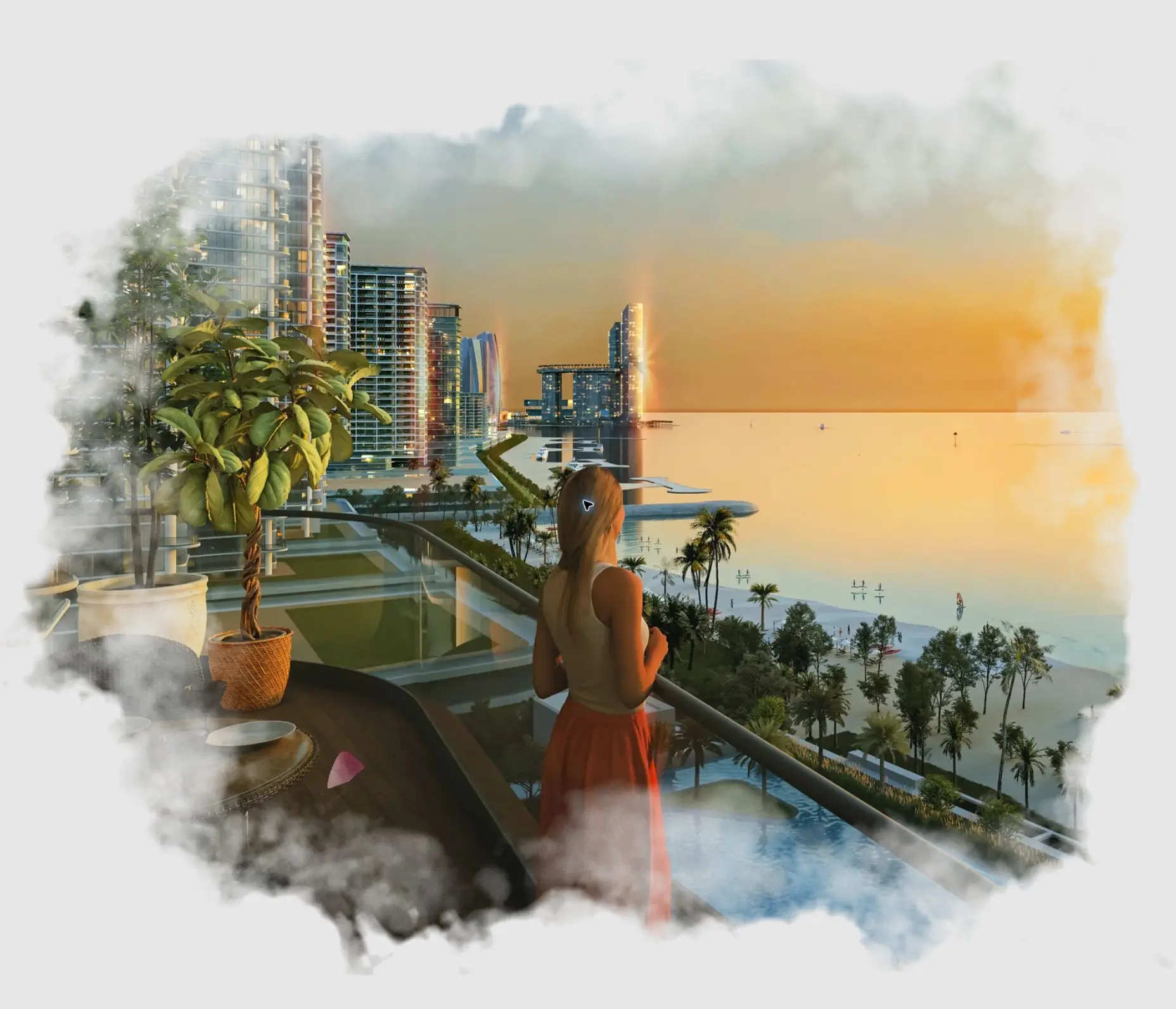شرفة في شوبا أكوامونت تطل على الأبراج الساحلية والشاطئ وقت الغروب؛ تصوّر رسمي من المطوّر