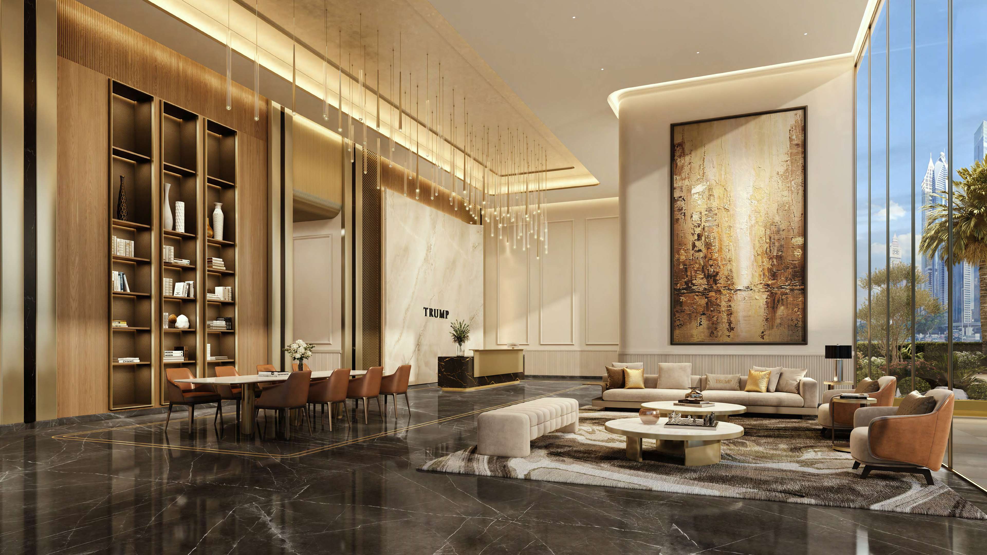 Trump Residences reception lounge and seating; official Dar Global rendering