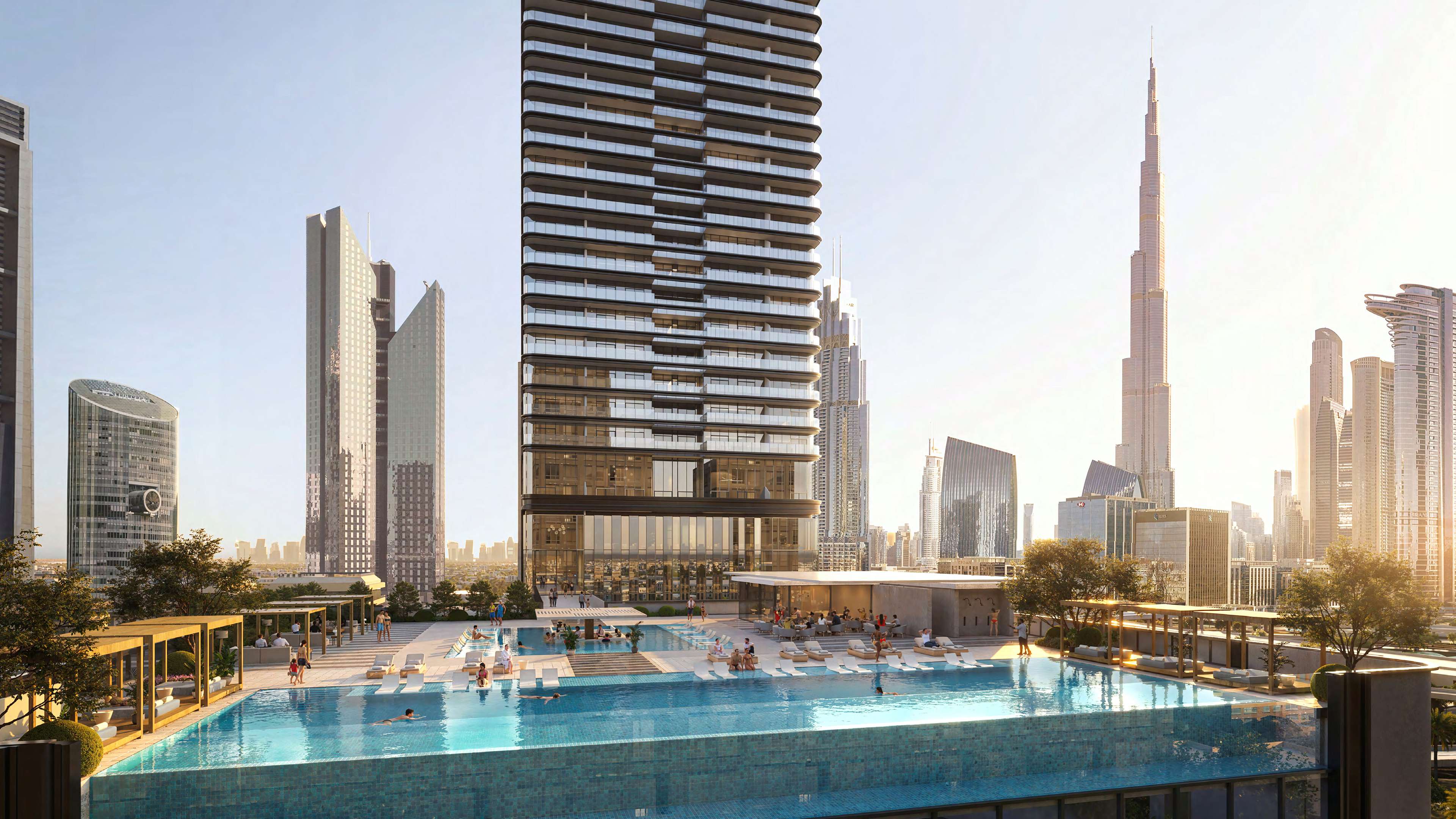 Trump Residences outdoor swimming pool and tower; official Dar Global rendering