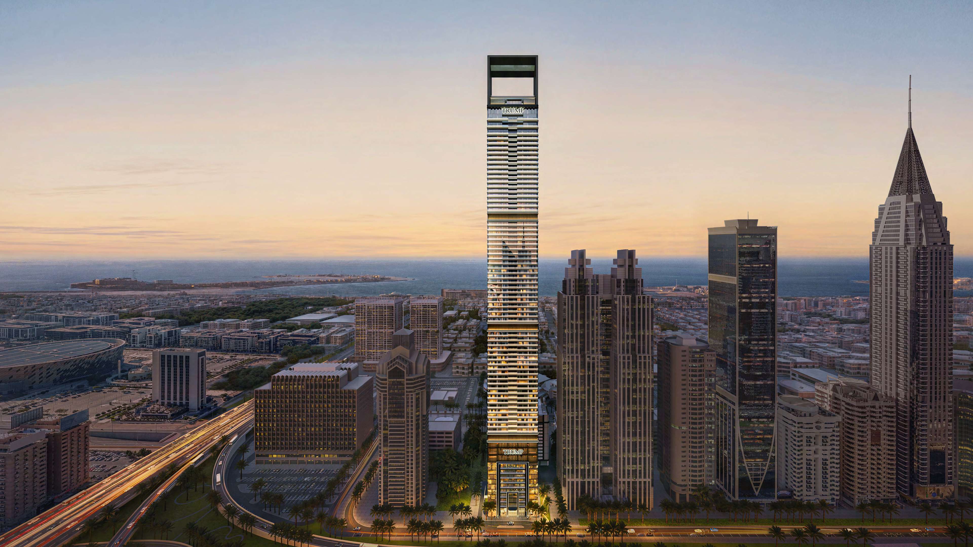 Trump International Hotel and Tower Dubai skyline view at sunset; official Dar Global rendering