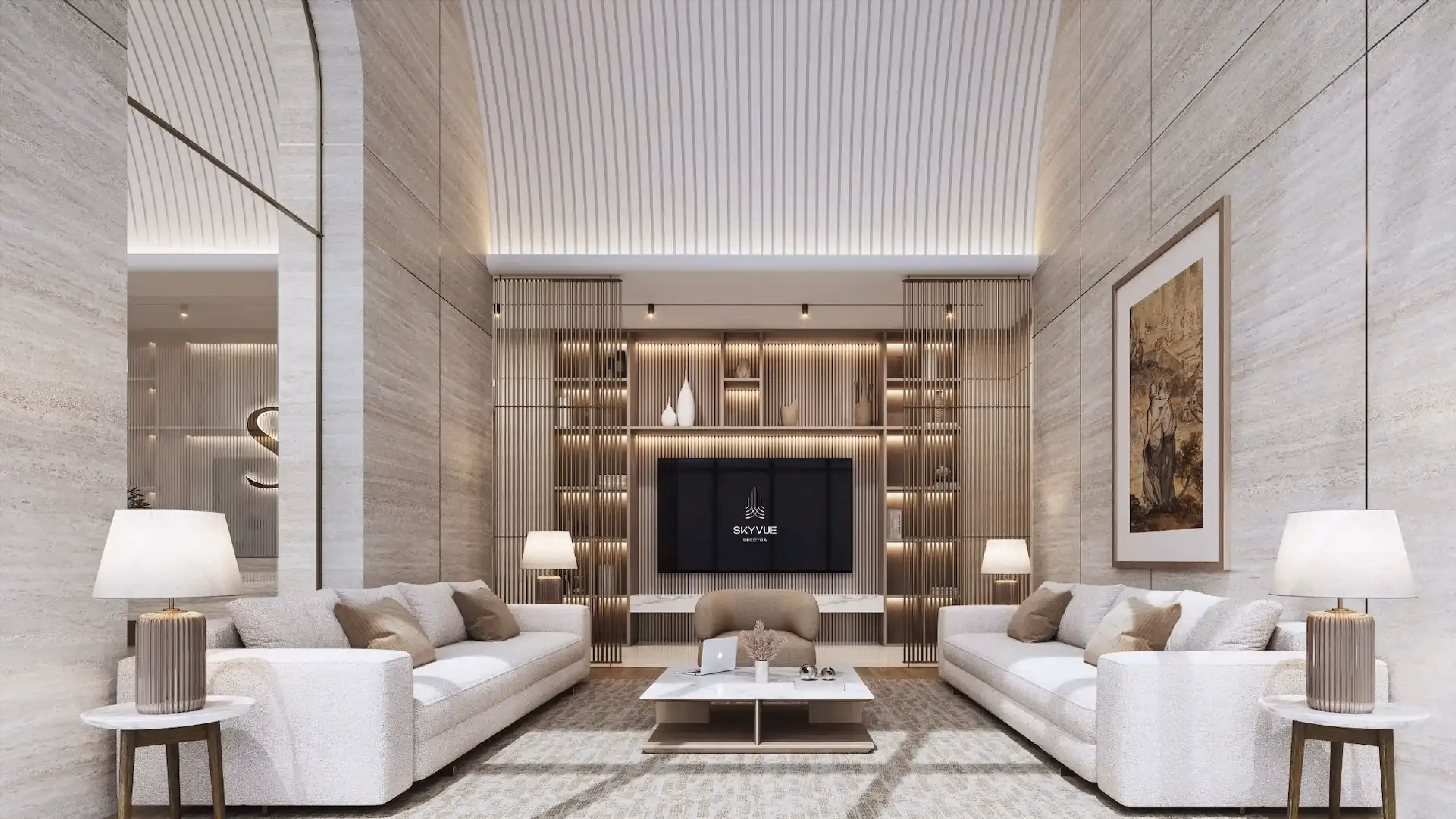 Skyvue Stellar: living room with stone finishes and a central media wall — rendering