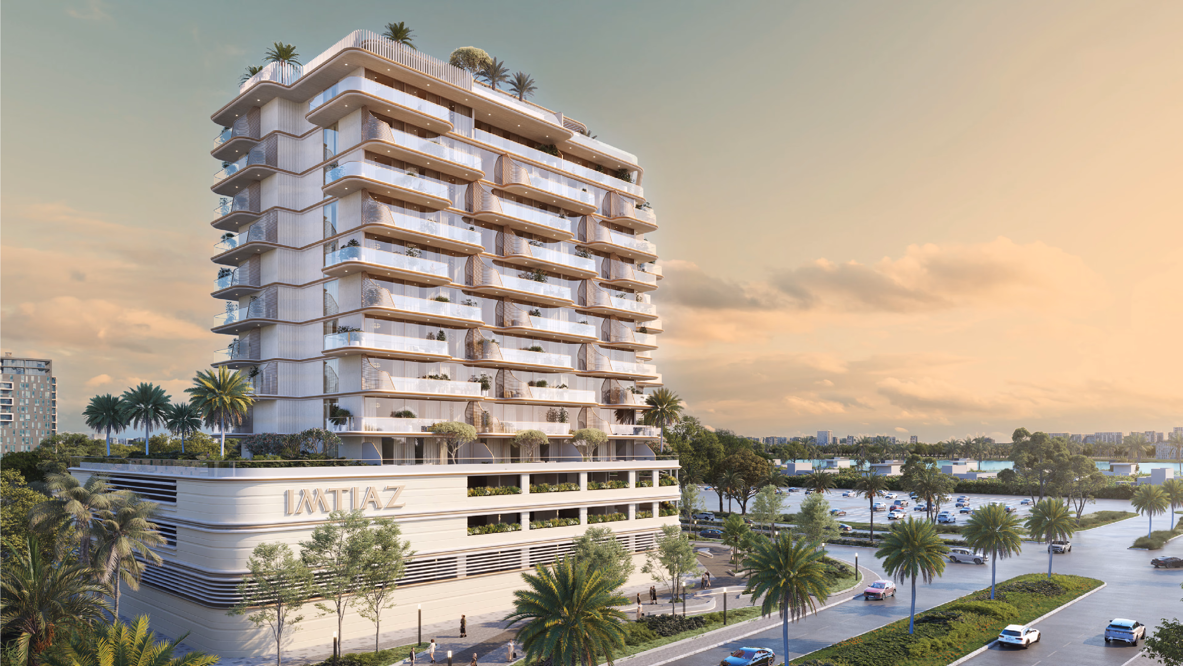 Sunset Bay Grand: residential building with stepped balconies at sunset — rendering