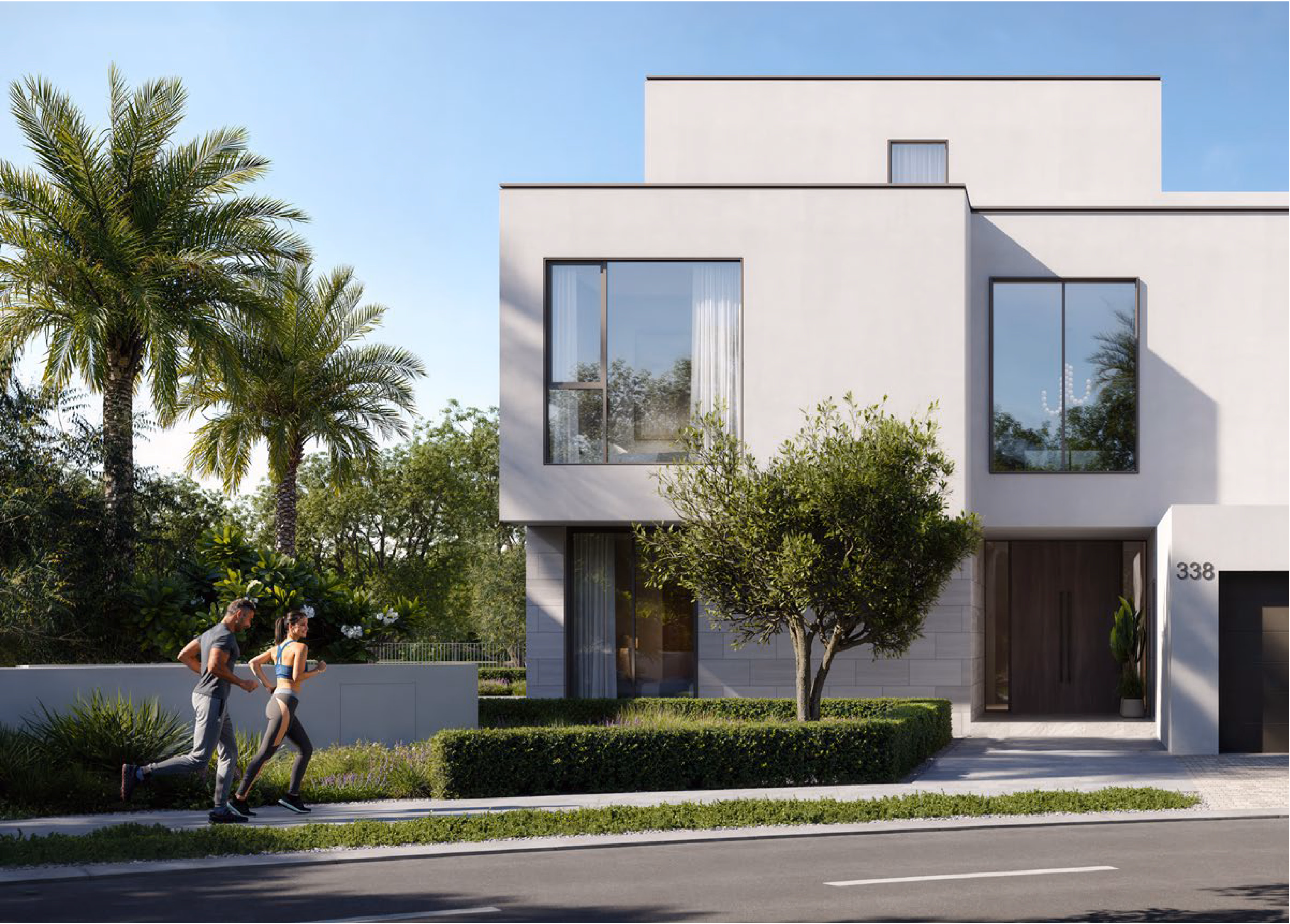 The Oasis: contemporary villa with a front garden and palm trees — rendering