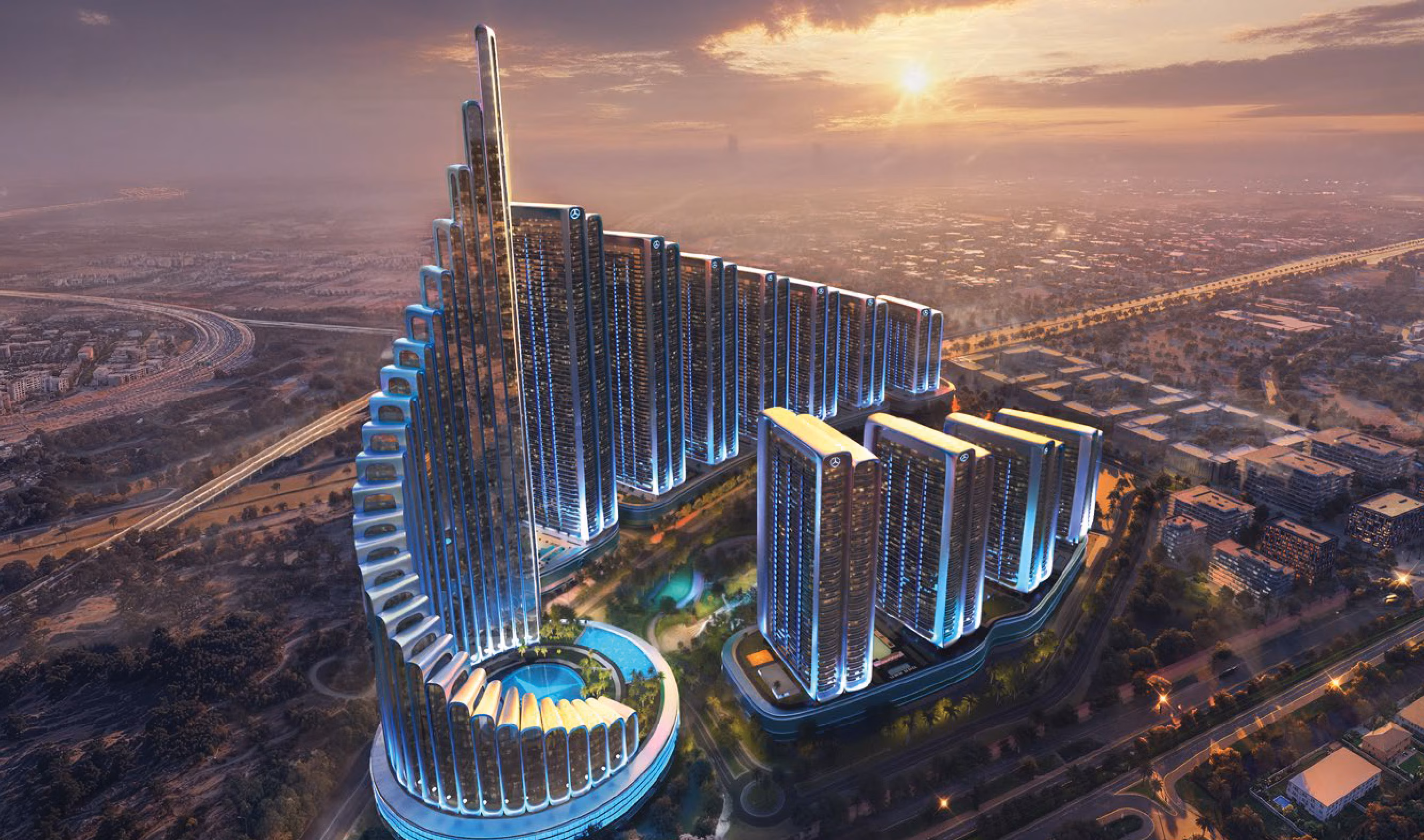 Mercedes-Benz Places Binghatti City: aerial view of an illuminated curved tower development at dusk — rendering