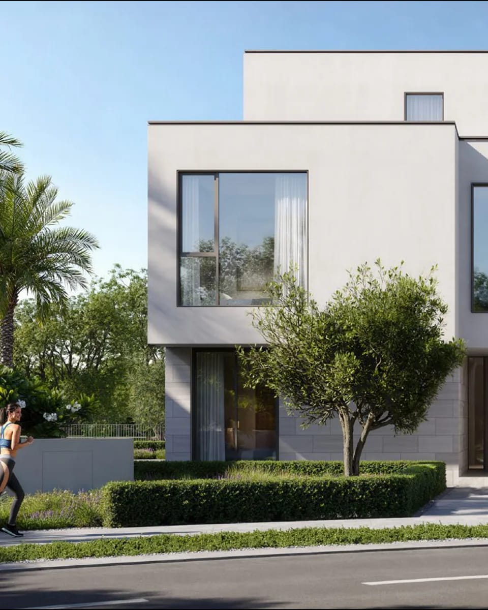 The Oasis: contemporary villa with a front garden and palm trees — rendering