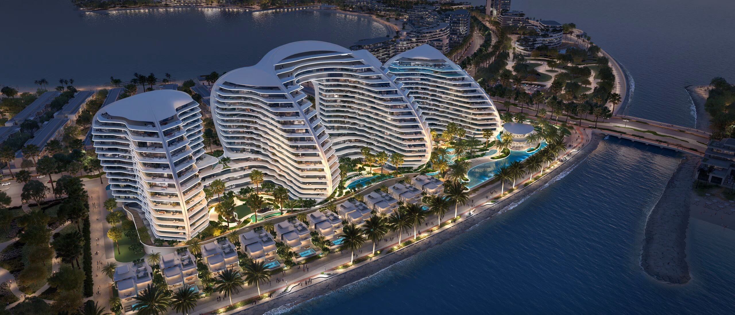 Oystra: aerial view of curved residential buildings beside the waterfront, rendering