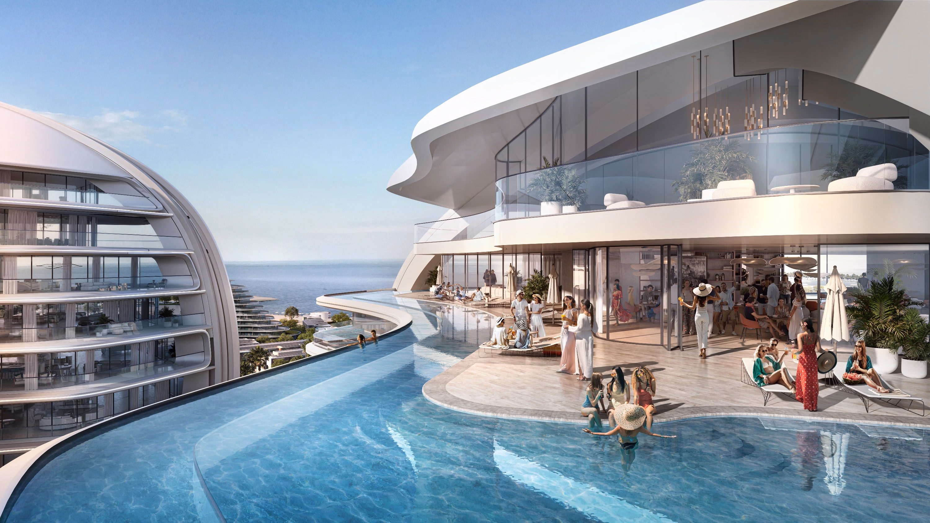 Oystra: swimming pool terrace between curved buildings, rendering