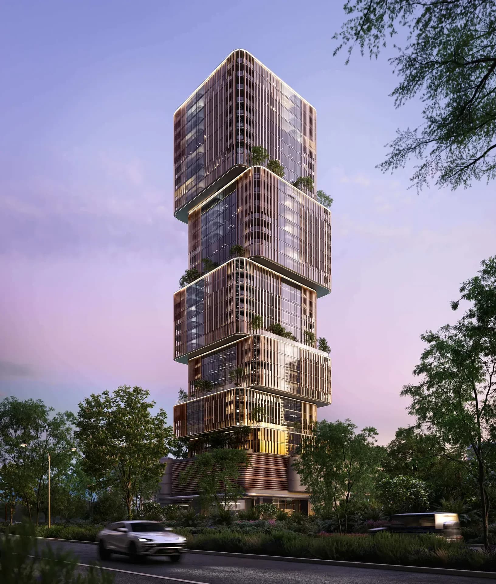 31 Above: Office tower with stepped volumes at dusk; official developer rendering