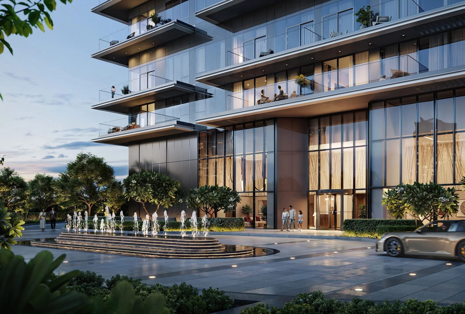 Albero: residential entrance and landscaped arrival area — developer rendering