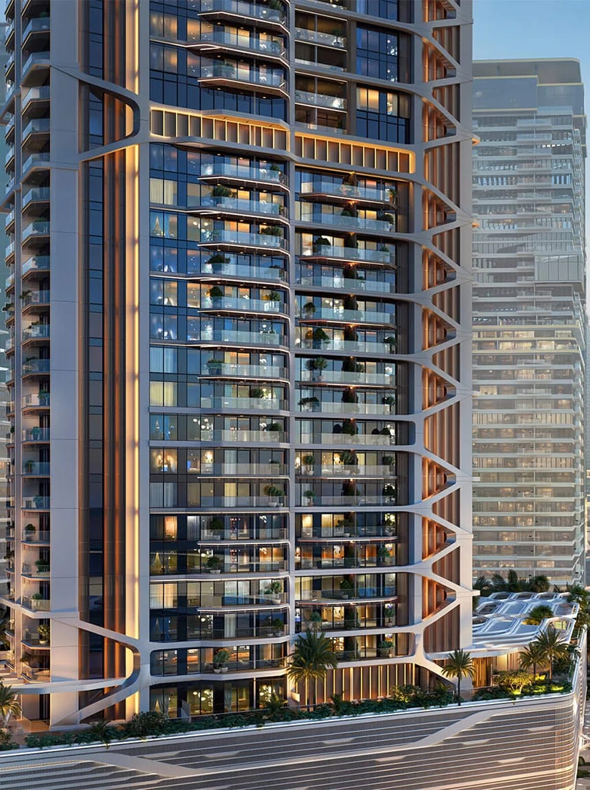 Eltiera Heights: residential tower facade and balconies — architectural rendering