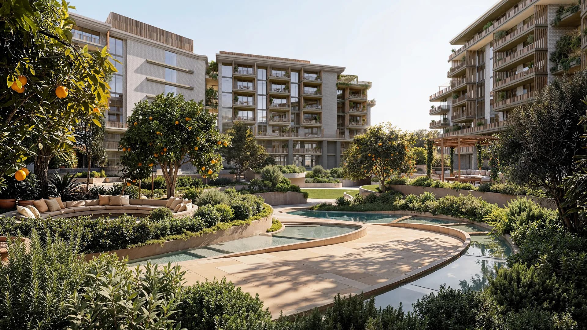 Arancia Yards: Garden courtyard with water features and seating; official developer rendering