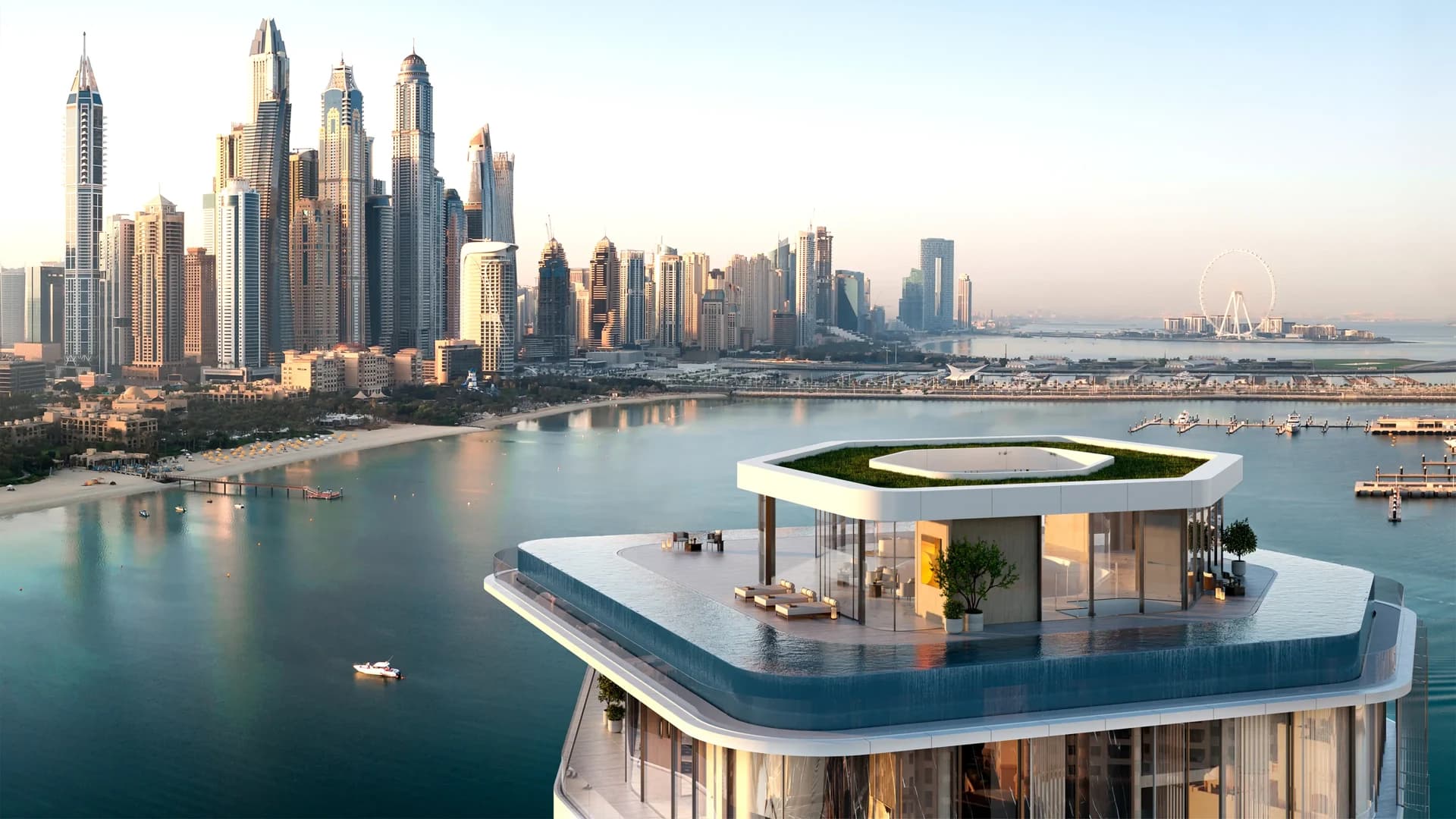 AVA at Palm Jumeirah: rooftop and waterfront panorama; official developer rendering