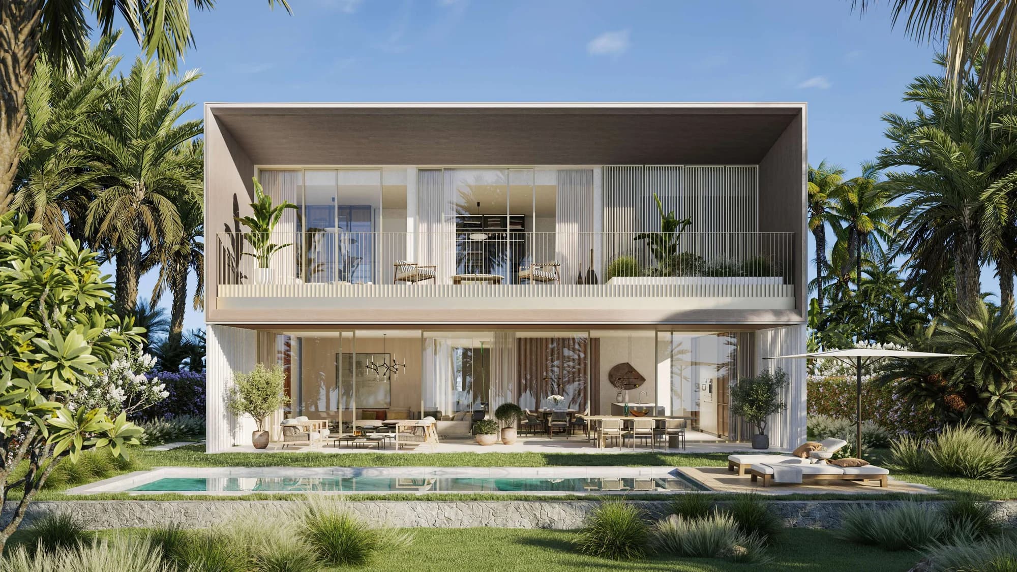 Bay Villas: waterfront villa exterior and private pool — architectural rendering