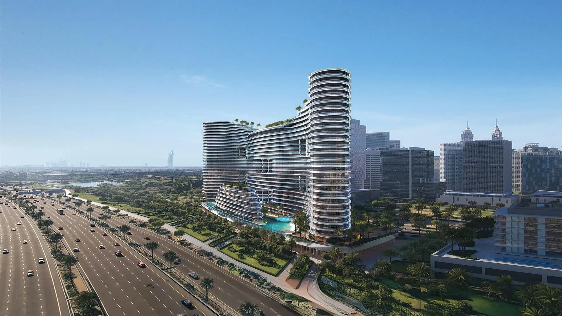 Binghatti Aquarise: Curved residential building and surrounding streets; official developer rendering
