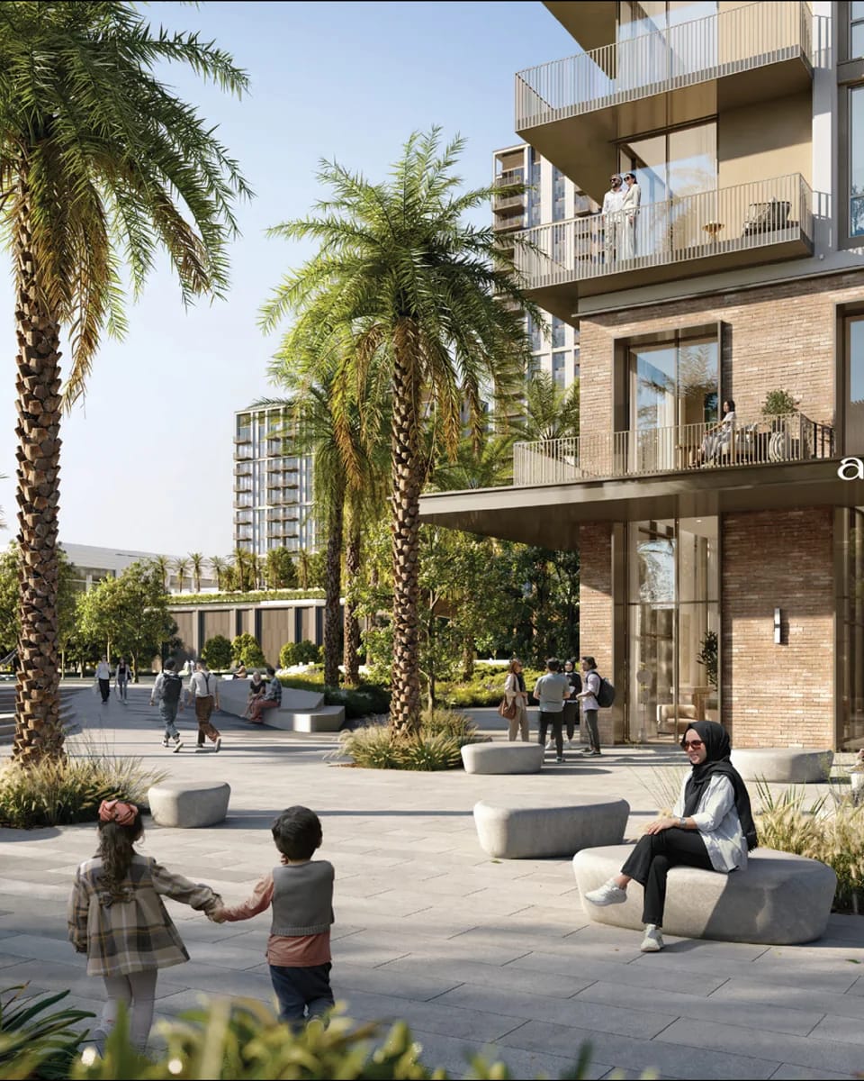 Aeon: palm-lined pedestrian space between residential buildings — rendering
