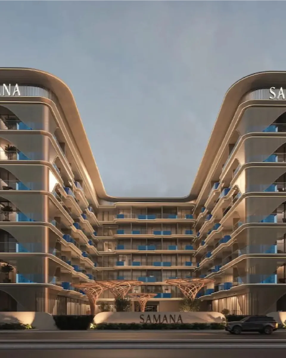 Samana Imperial Garden: residential building with curved balconies and illuminated samana signage — rendering